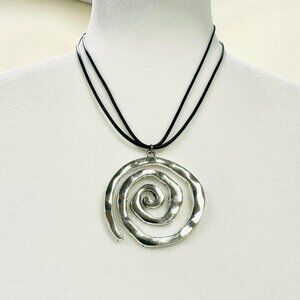 Silver spiral pendant necklace with adjustable black cord